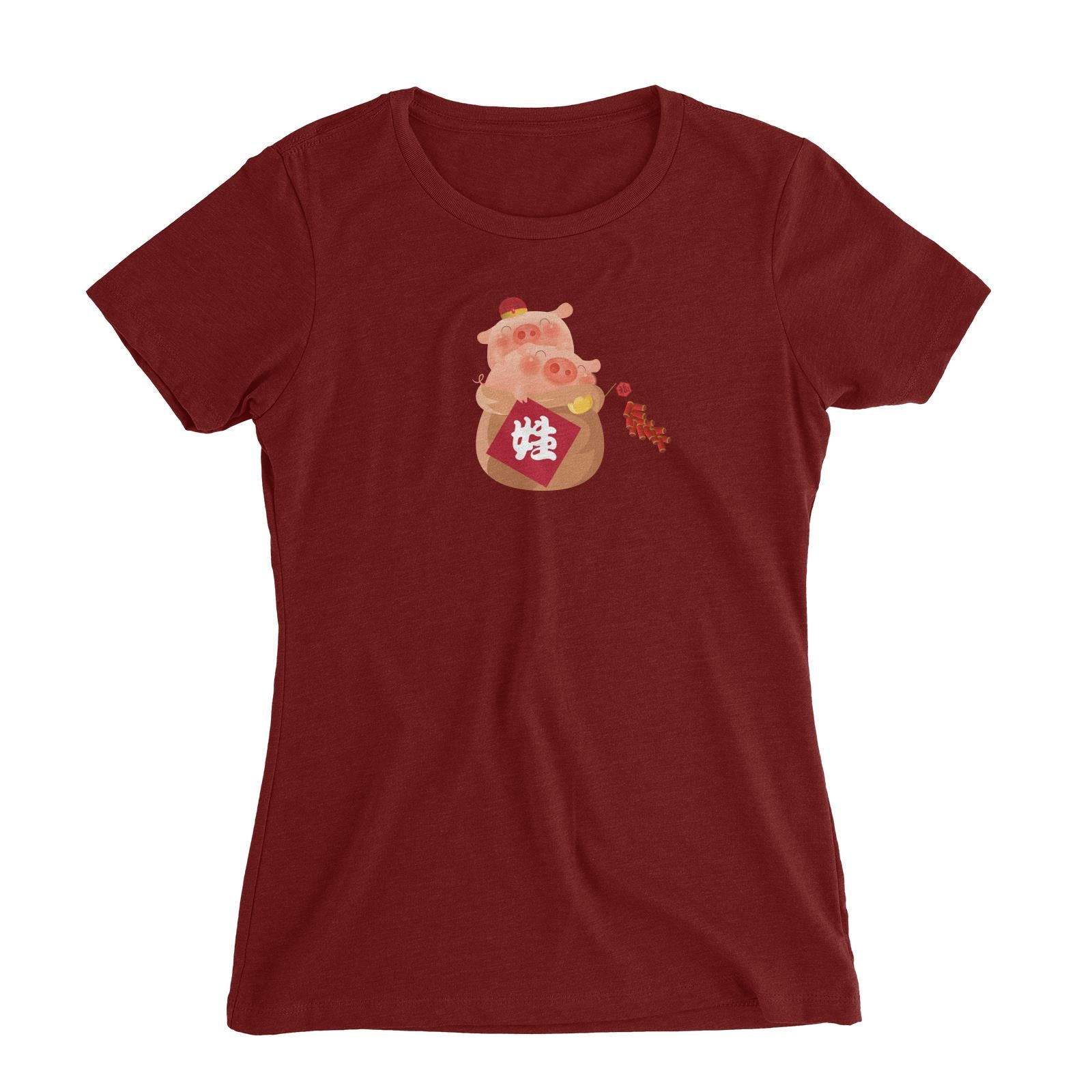 Chinese New Year Pig Group in Bag Add Surname Women Slim Fit T-Shirt