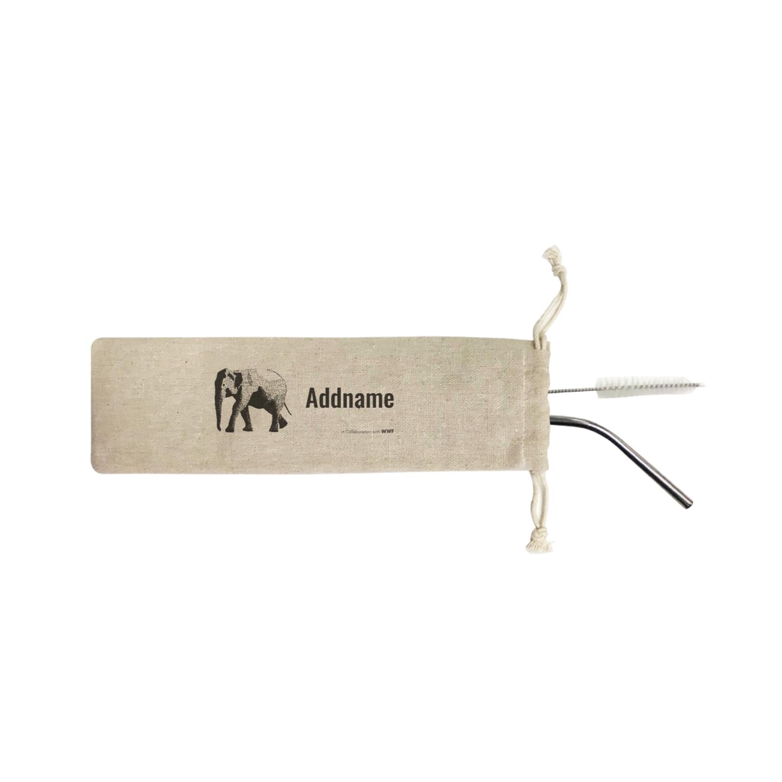 Hand Written Animals Asiatic Elephant By ArtC Addname SB 2-in-1 Stainless Steel Straw Set In a Satchel