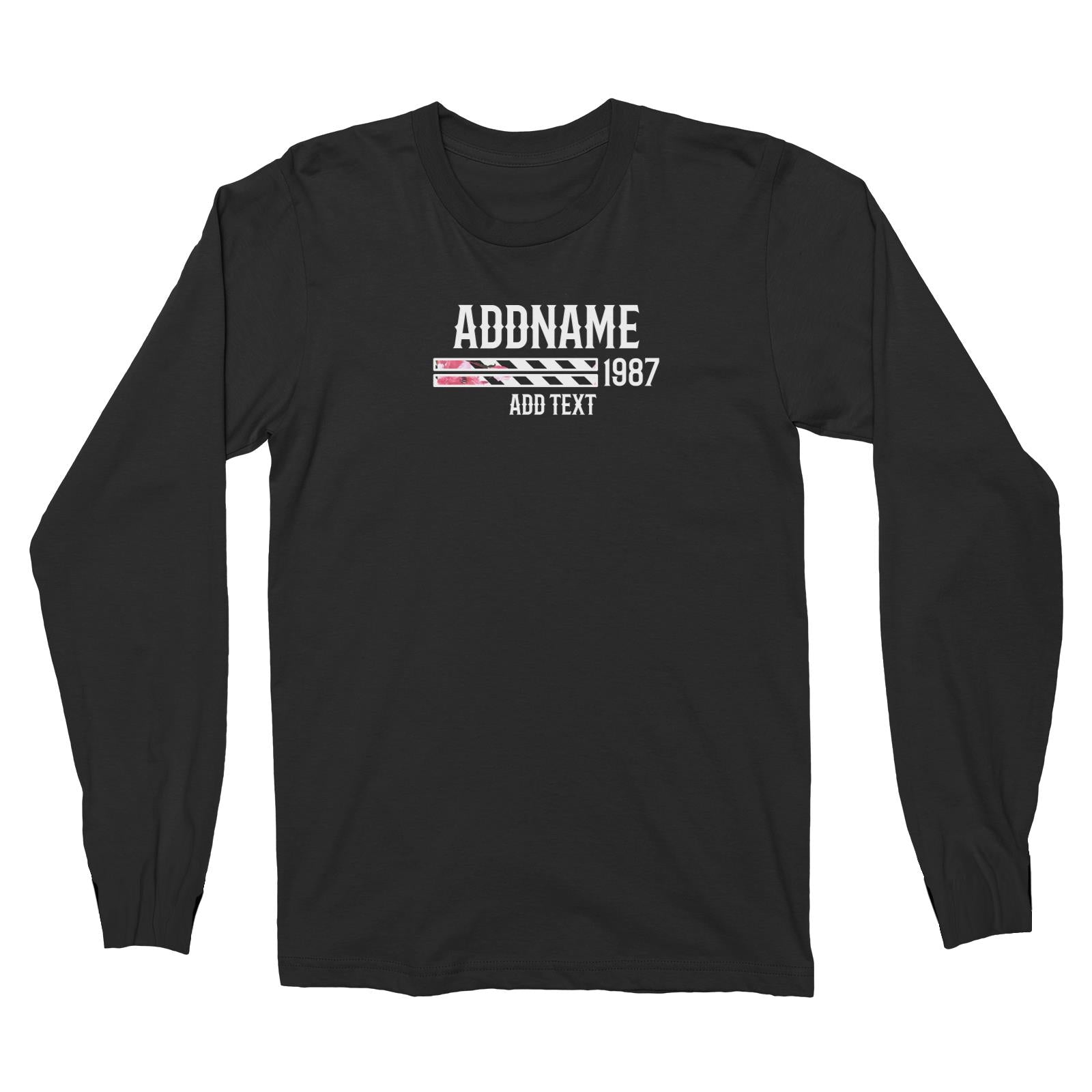 Pink Hibiscus Flower Stripes Bars Personalizable with Name Year and Text Long Sleeve Unisex T-Shirt