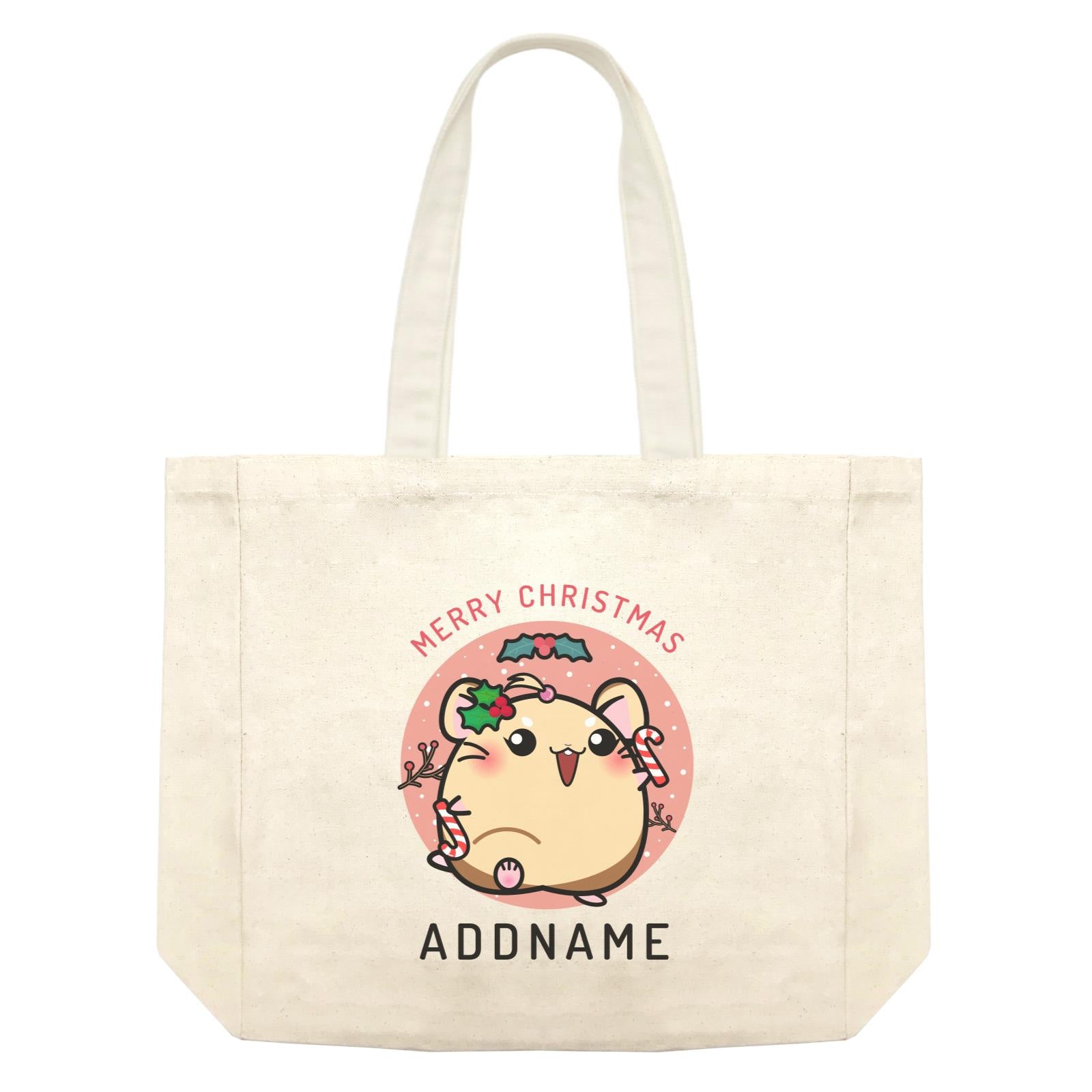Merry Christmas Cute Santa Mistletoe Girl Hamster with Candy Cane Shopping Bag