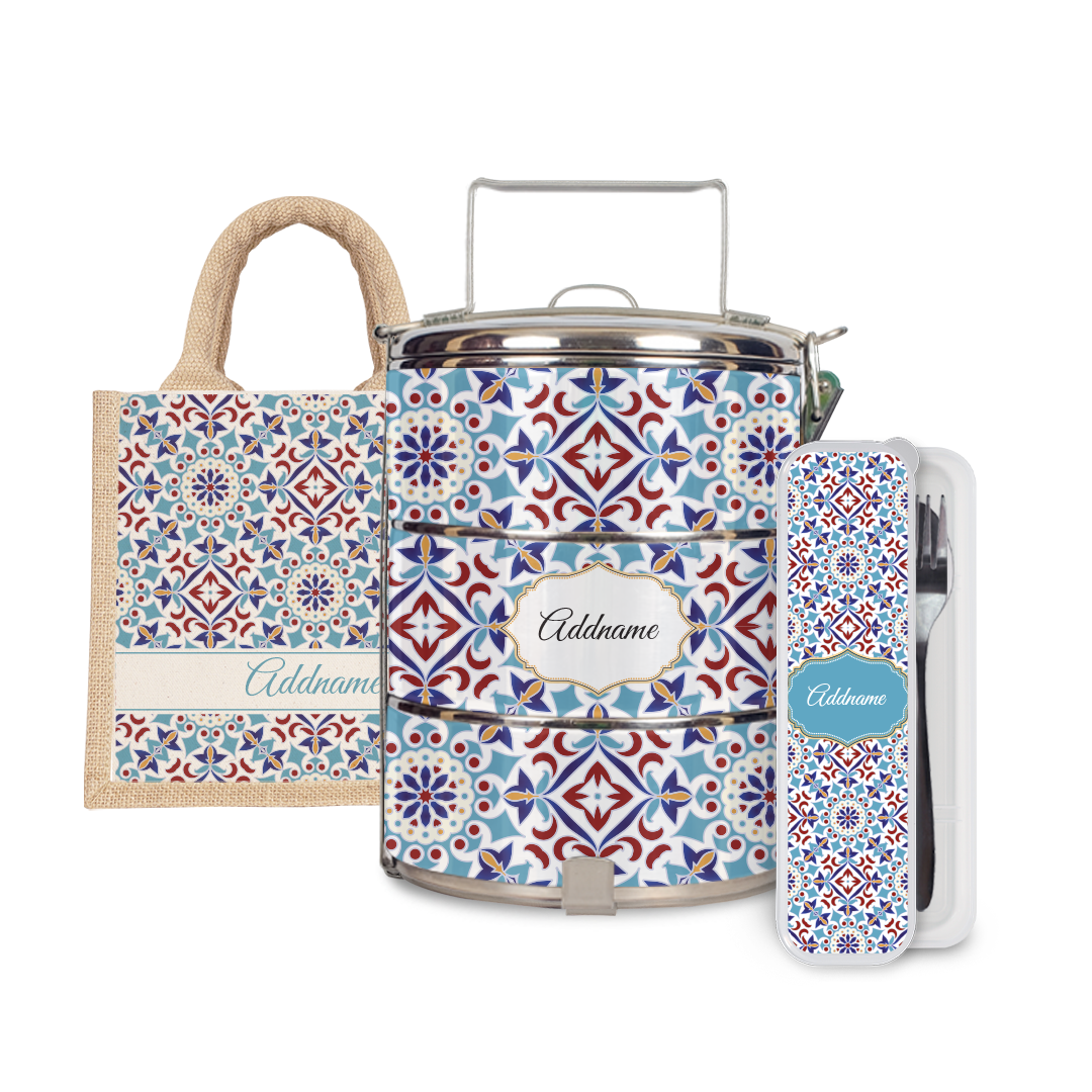 Moroccan Series - Arabesque Agean Blue Half Lining Lunch Bag, Tiffin Carrier and Cutlery Set