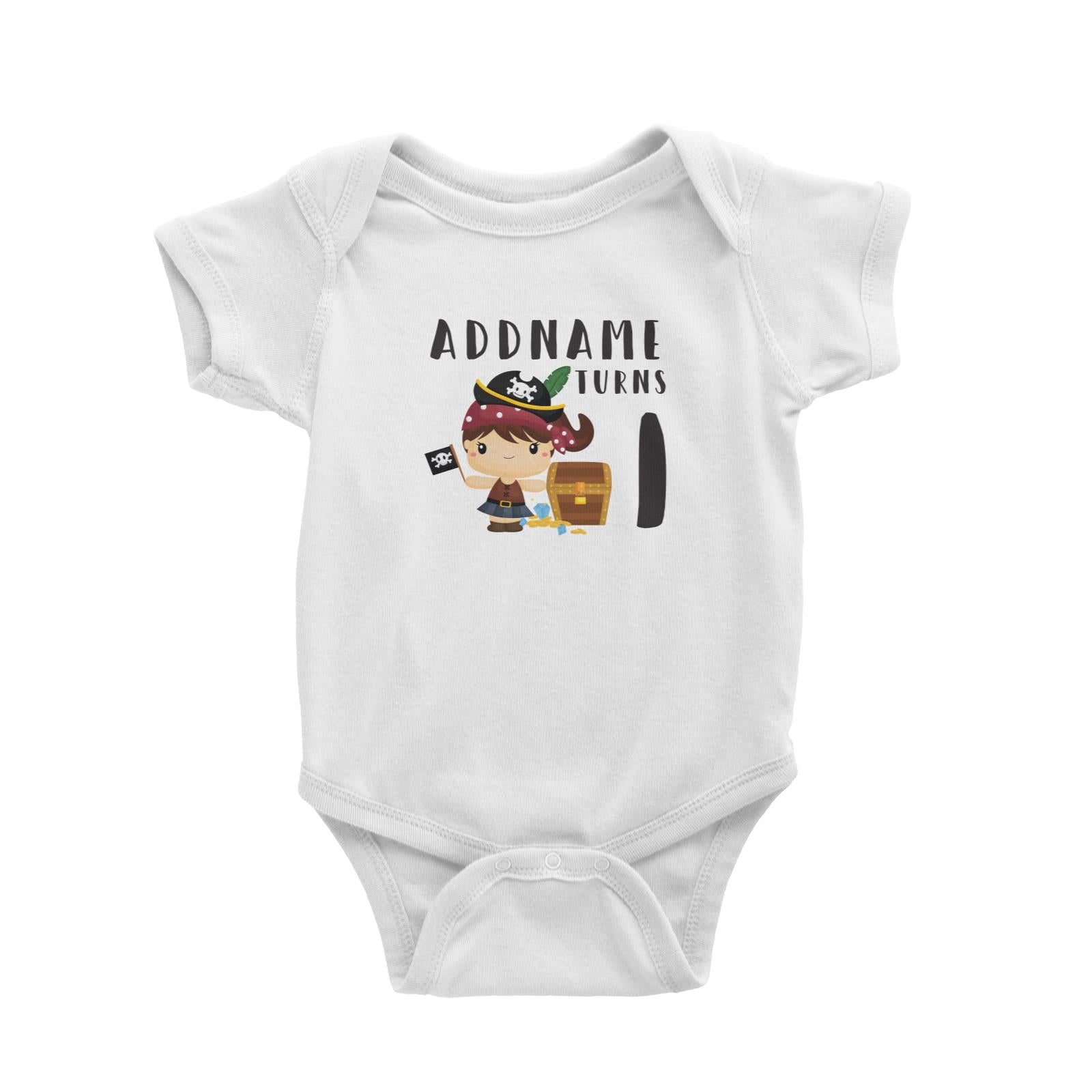 Birthday Pirate Happy Girl Captain With Treasure Chest Addname Turns 1 Baby Romper