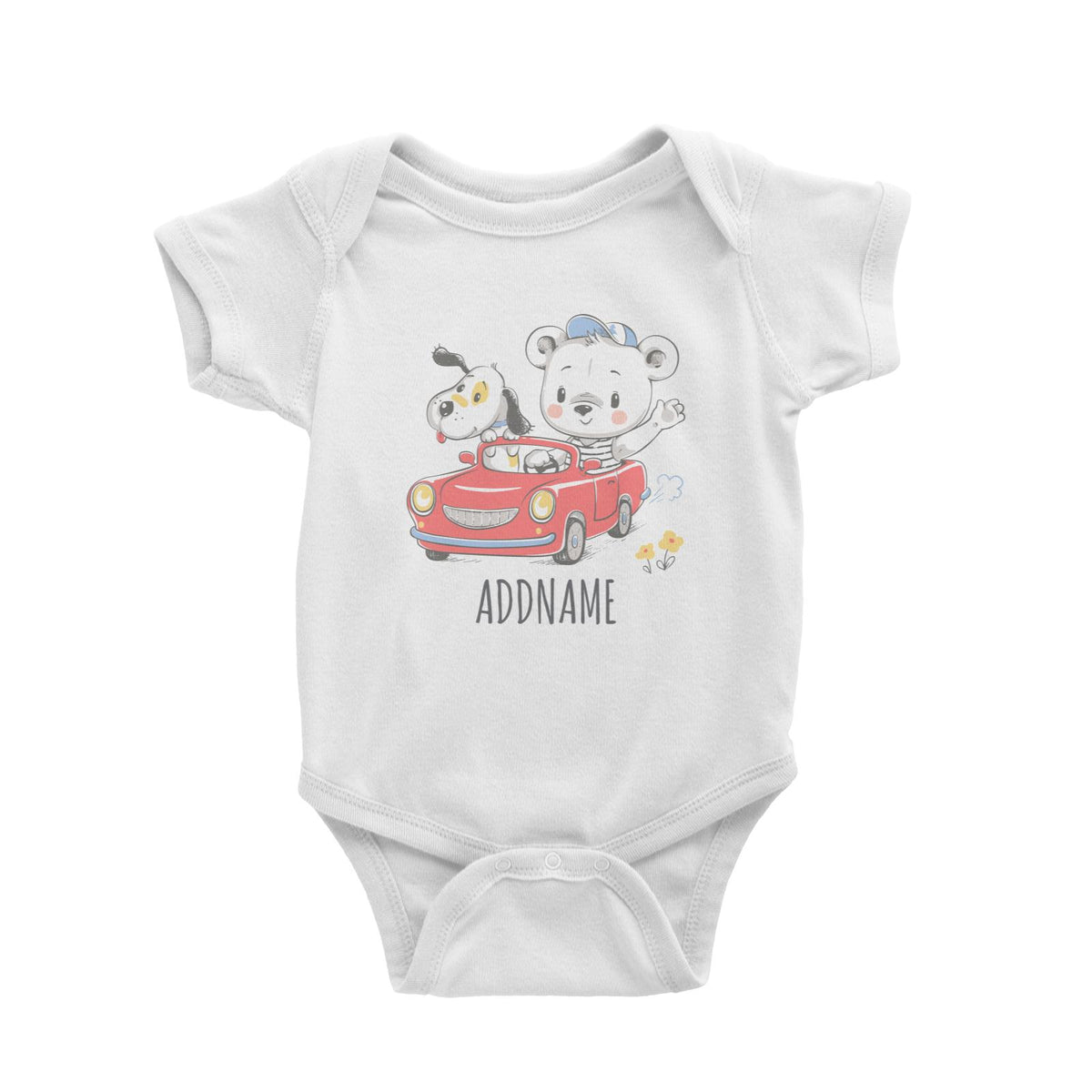 Bear Riding Car with Dog White Baby Romper Personalizable Designs Cute Sweet Animal For Boys HG