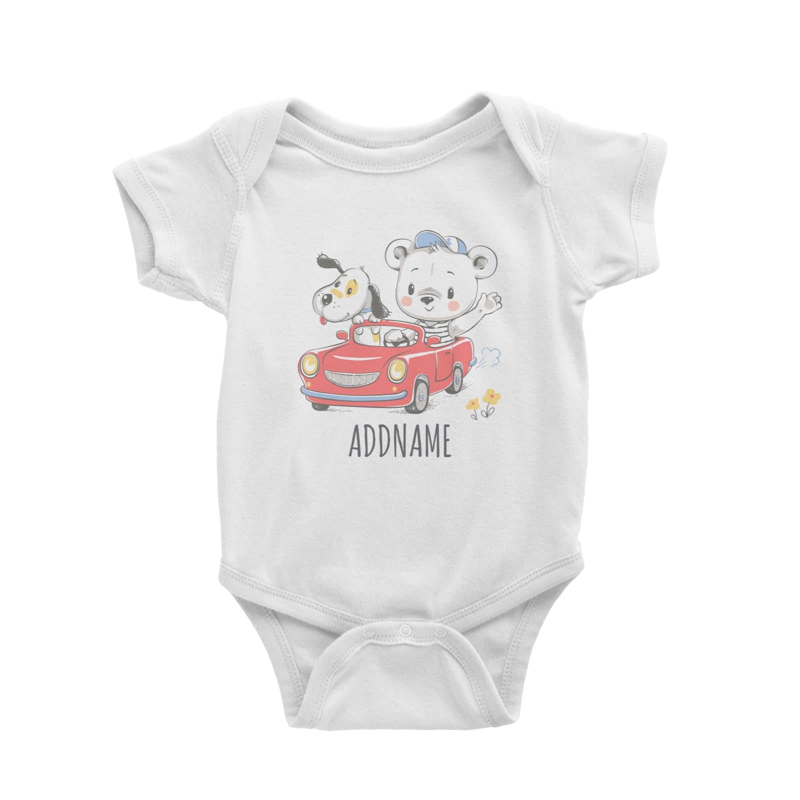 Bear Riding Car with Dog White Baby Romper Personalizable Designs Cute Sweet Animal For Boys HG