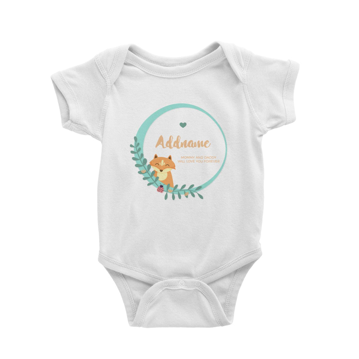 Cute Brown Fox in Turqoise Ring Personalizable with Name and Text Baby Romper