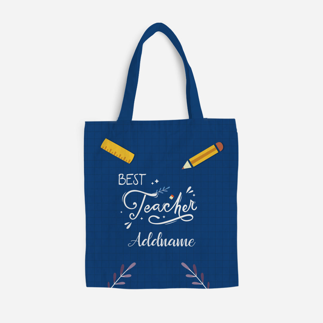 Navy Blue Best Teacher With Floral Elements Full Print Tote Bag