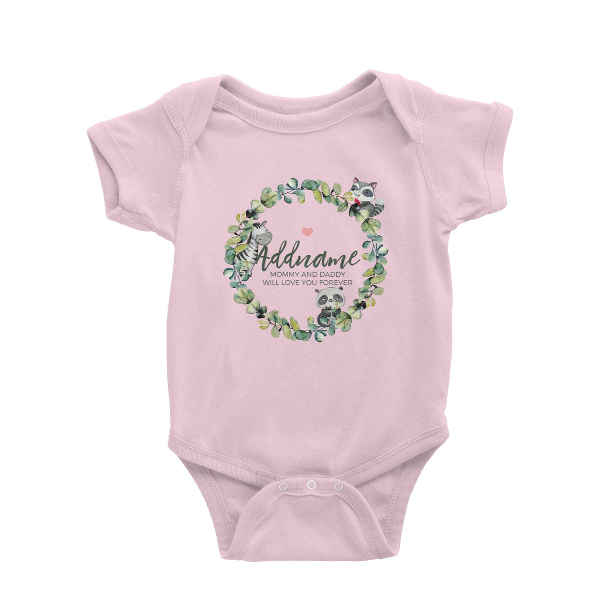 Watercolour Panda Zebra and Racoon Leaf Wreath Personalizable with Name and Text Baby Romper