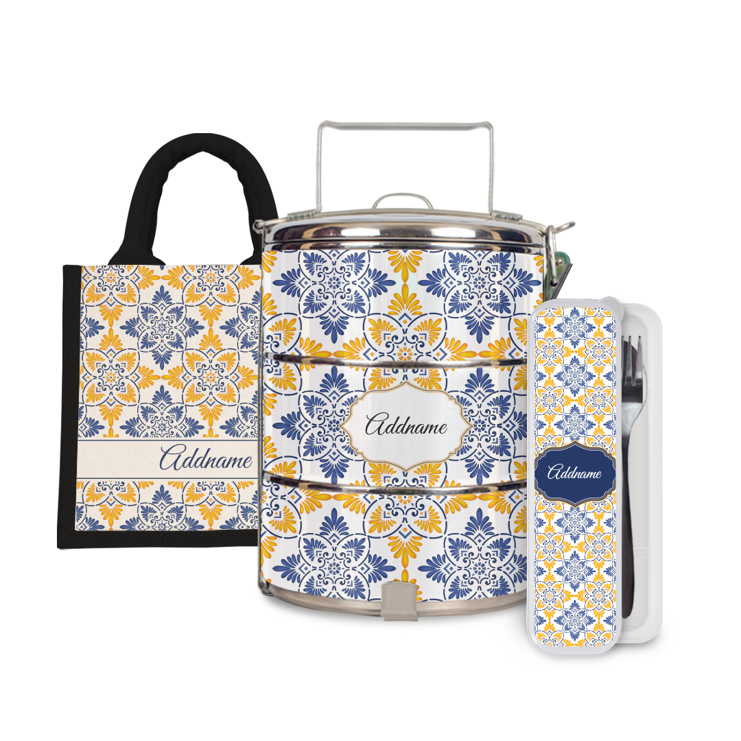 Moroccan Series - Arabesque Butter Blue Half Lining Lunch Bag, Tiffin Carrier and Cutlery Set