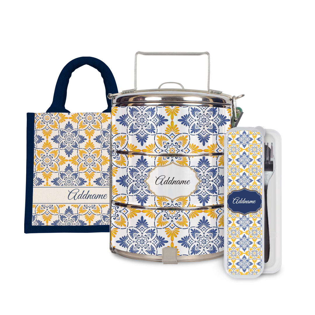 Moroccan Series - Arabesque Butter Blue Half Lining Lunch Bag, Tiffin Carrier and Cutlery Set