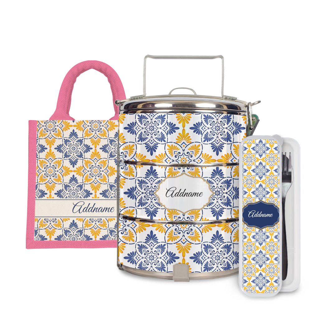 Moroccan Series - Arabesque Butter Blue Half Lining Lunch Bag, Tiffin Carrier and Cutlery Set