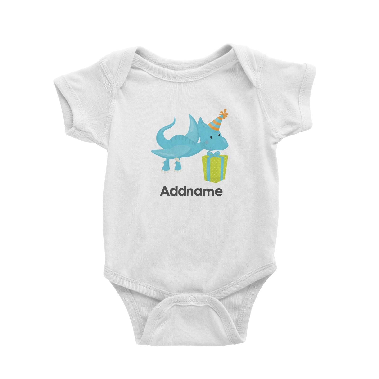 Dino Birthday Blue Pteradactyl wih Birthday Gift and Hat Addname White Baby Romper
