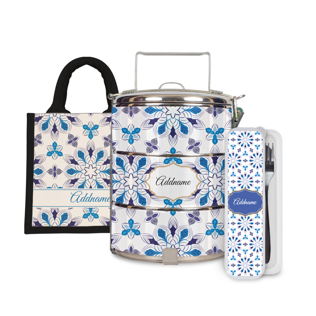 Moroccan Series - Arabesque Frost Half Lining Lunch Bag, Tiffin Carrier and Cutlery Set
