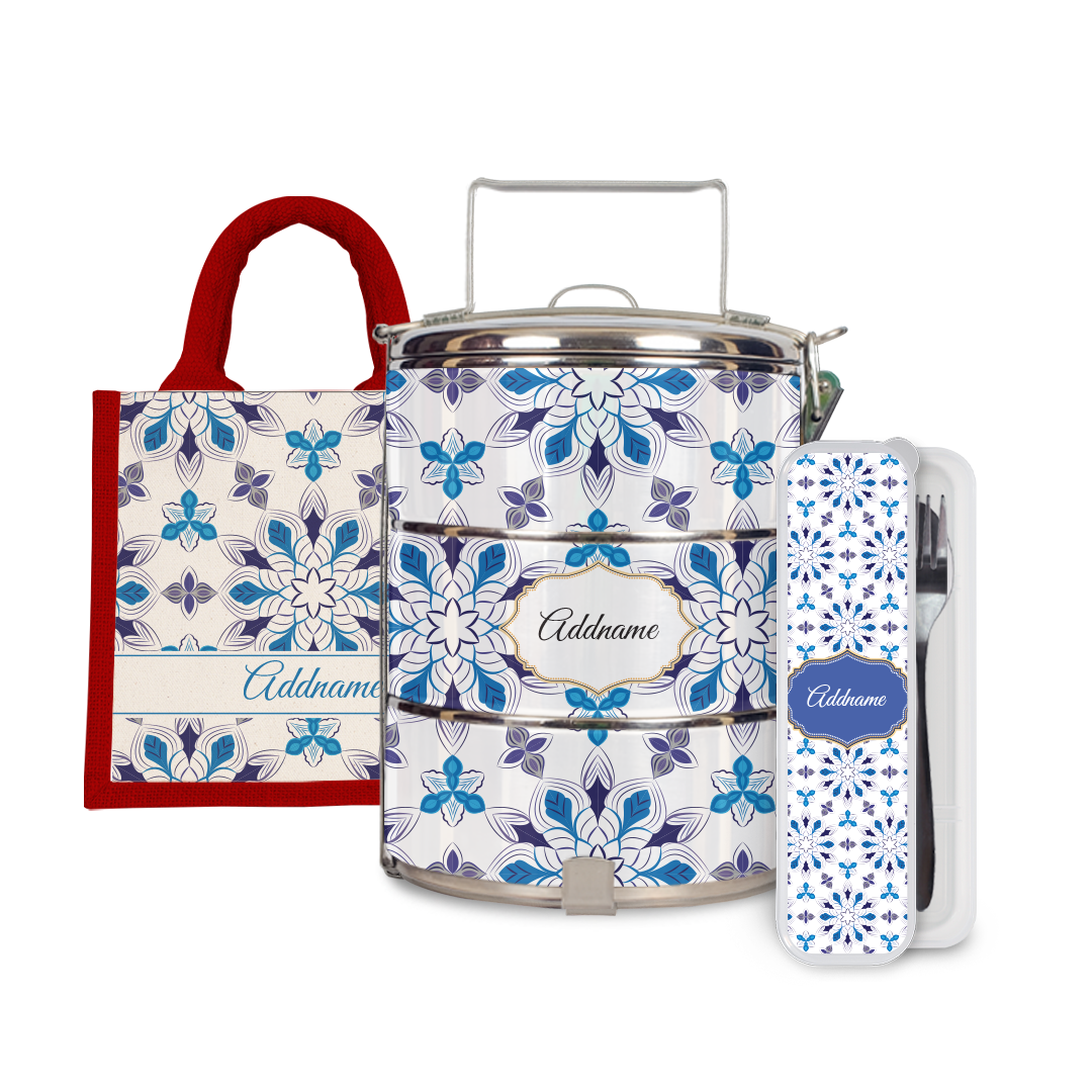 Moroccan Series - Arabesque Frost Half Lining Lunch Bag, Tiffin Carrier and Cutlery Set