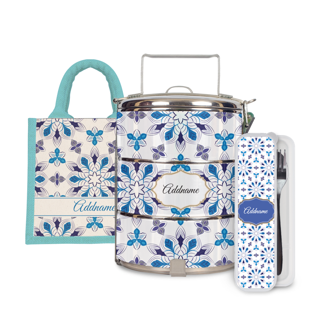 Moroccan Series - Arabesque Frost Half Lining Lunch Bag, Tiffin Carrier and Cutlery Set