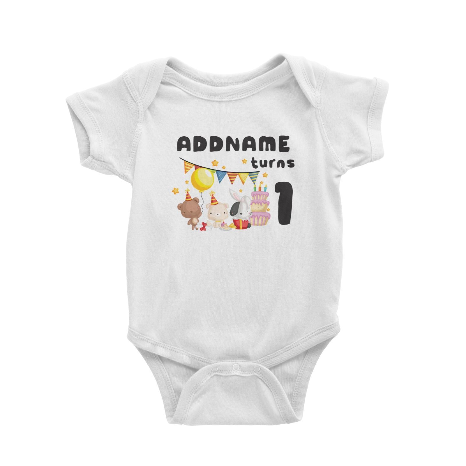 Birthday Friendly Animals Rabbit Bear And Dog Party Addname Turns 1 Baby Romper