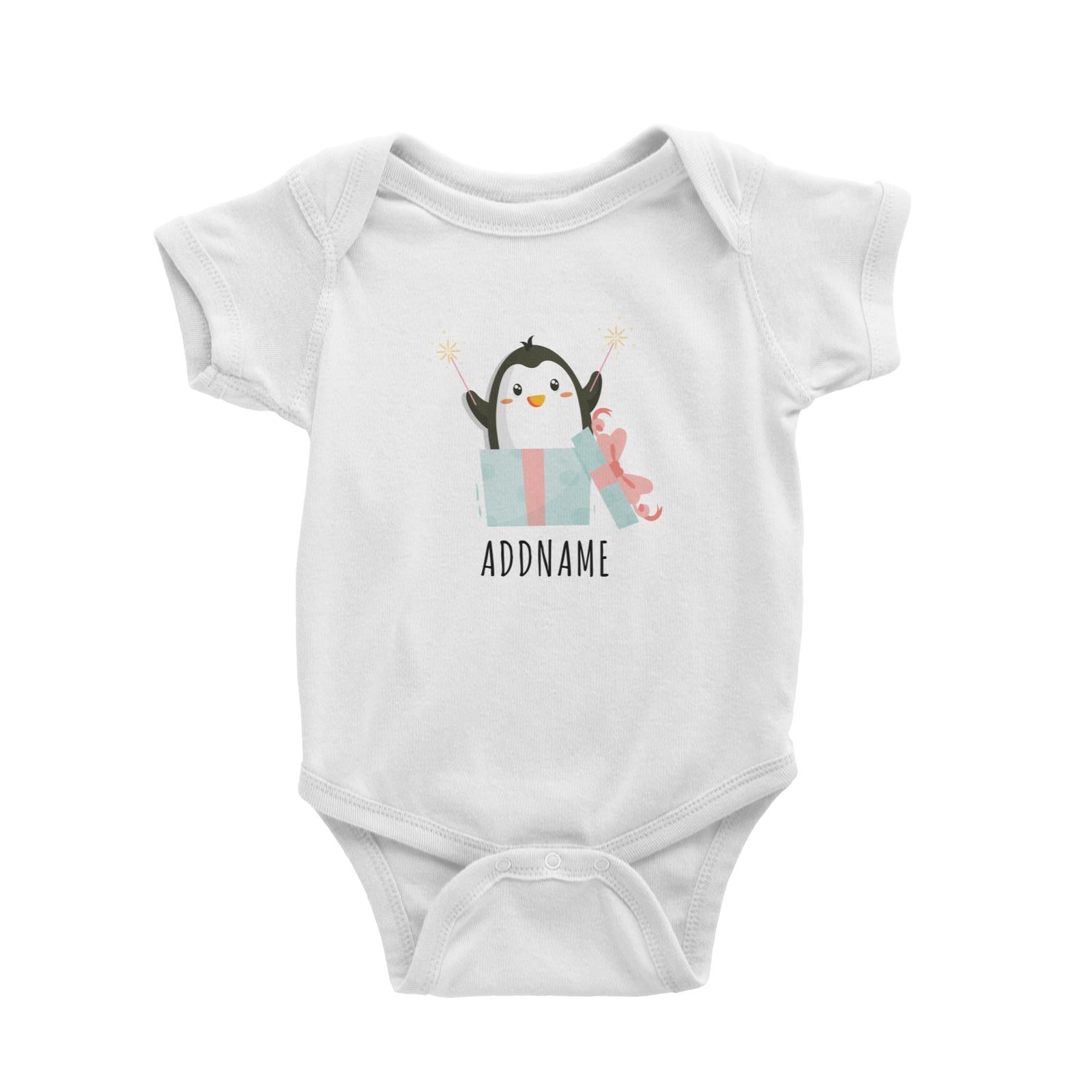 Birthday Cute Penguin Taking Fireworks In Present Box Addname Baby Romper