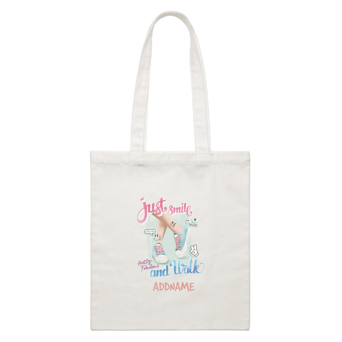 Chic Sneakers Just Smile and Walk With Addname White Canvas Bag