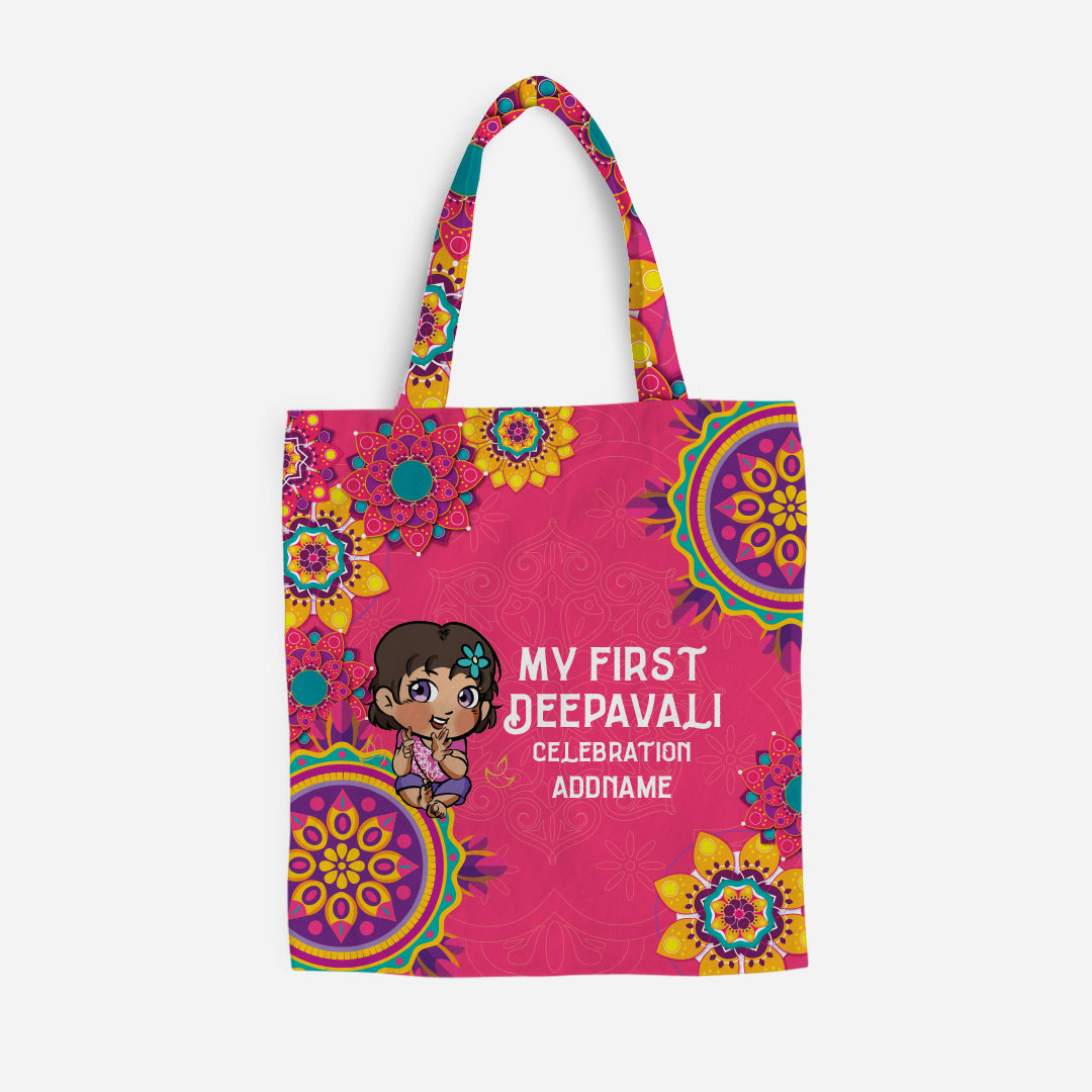Deepavali Chibi Full Print Canvas Bag - Baby Girl First Deepavali Addname