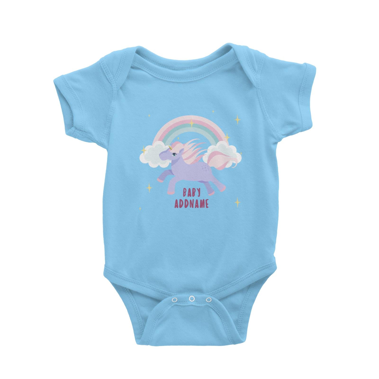 Purple Unicorn Galloping with Rainbow and Baby Addname Baby Romper