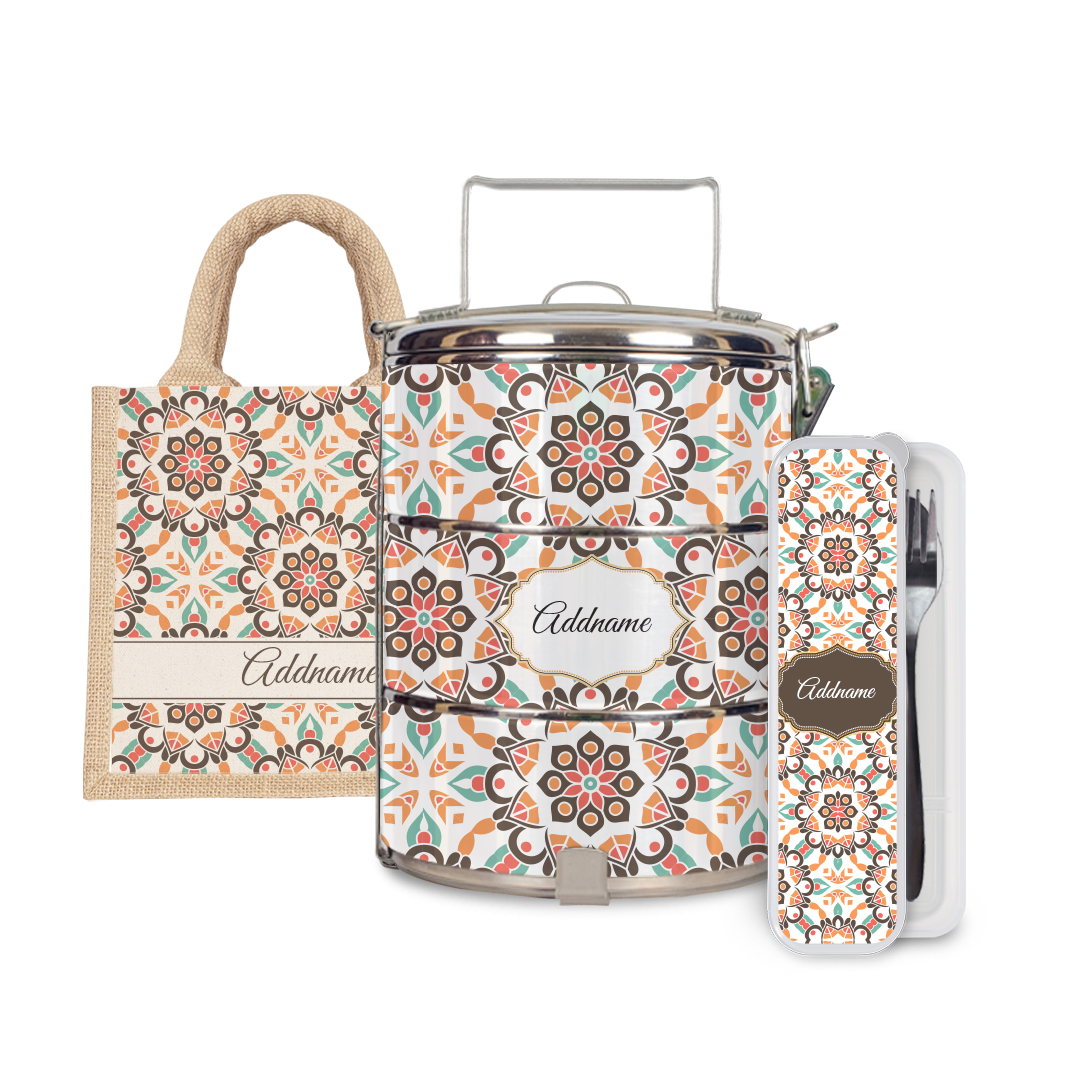 Moroccan Series - Arabesque Geo Brown Half Lining Lunch Bag, Tiffin Carrier and Cutlery Set