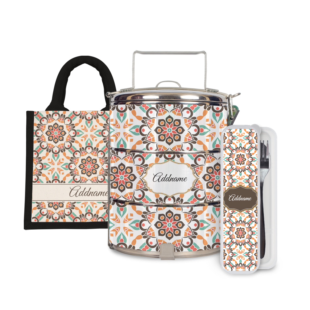 Moroccan Series - Arabesque Geo Brown Half Lining Lunch Bag, Tiffin Carrier and Cutlery Set