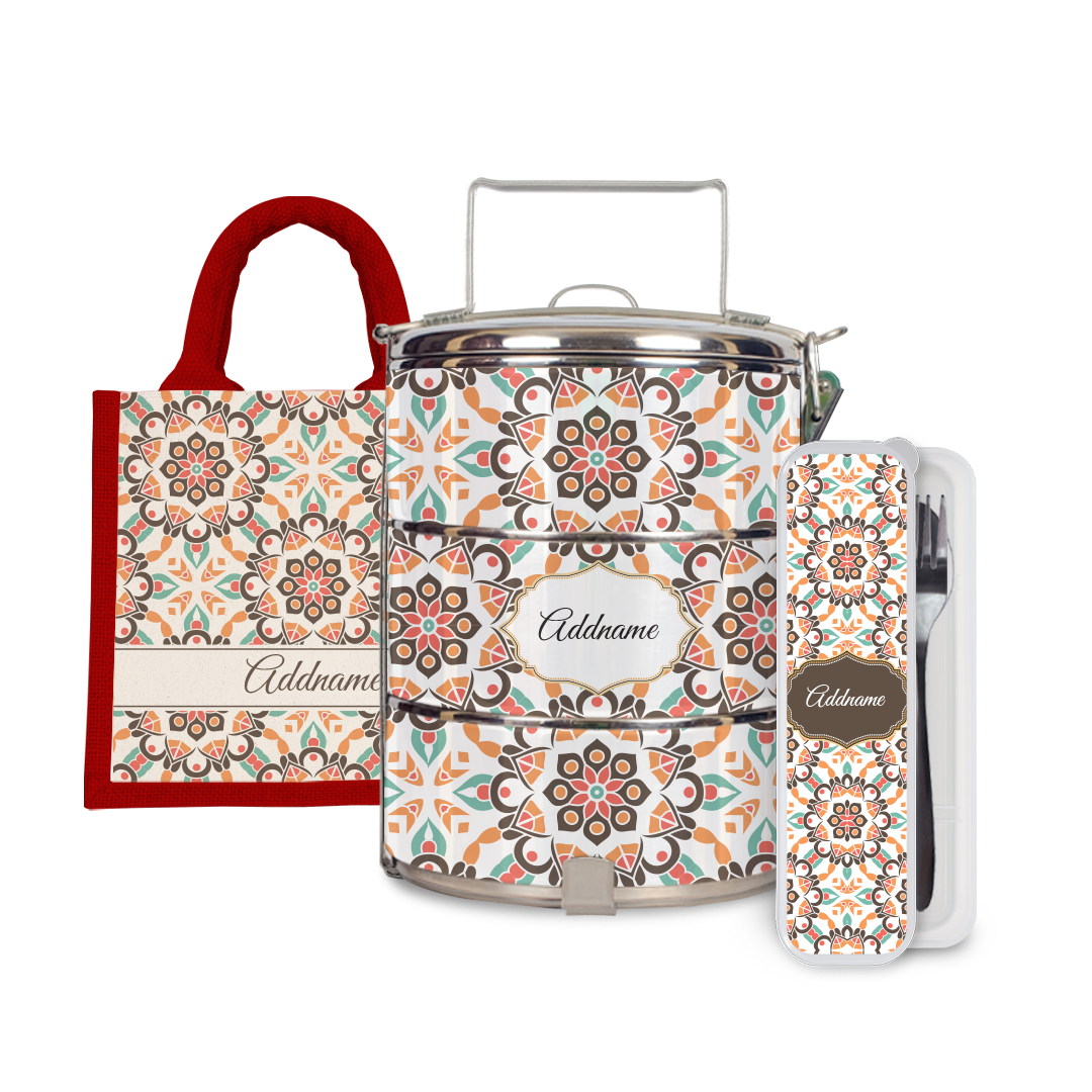 Moroccan Series - Arabesque Geo Brown Half Lining Lunch Bag, Tiffin Carrier and Cutlery Set