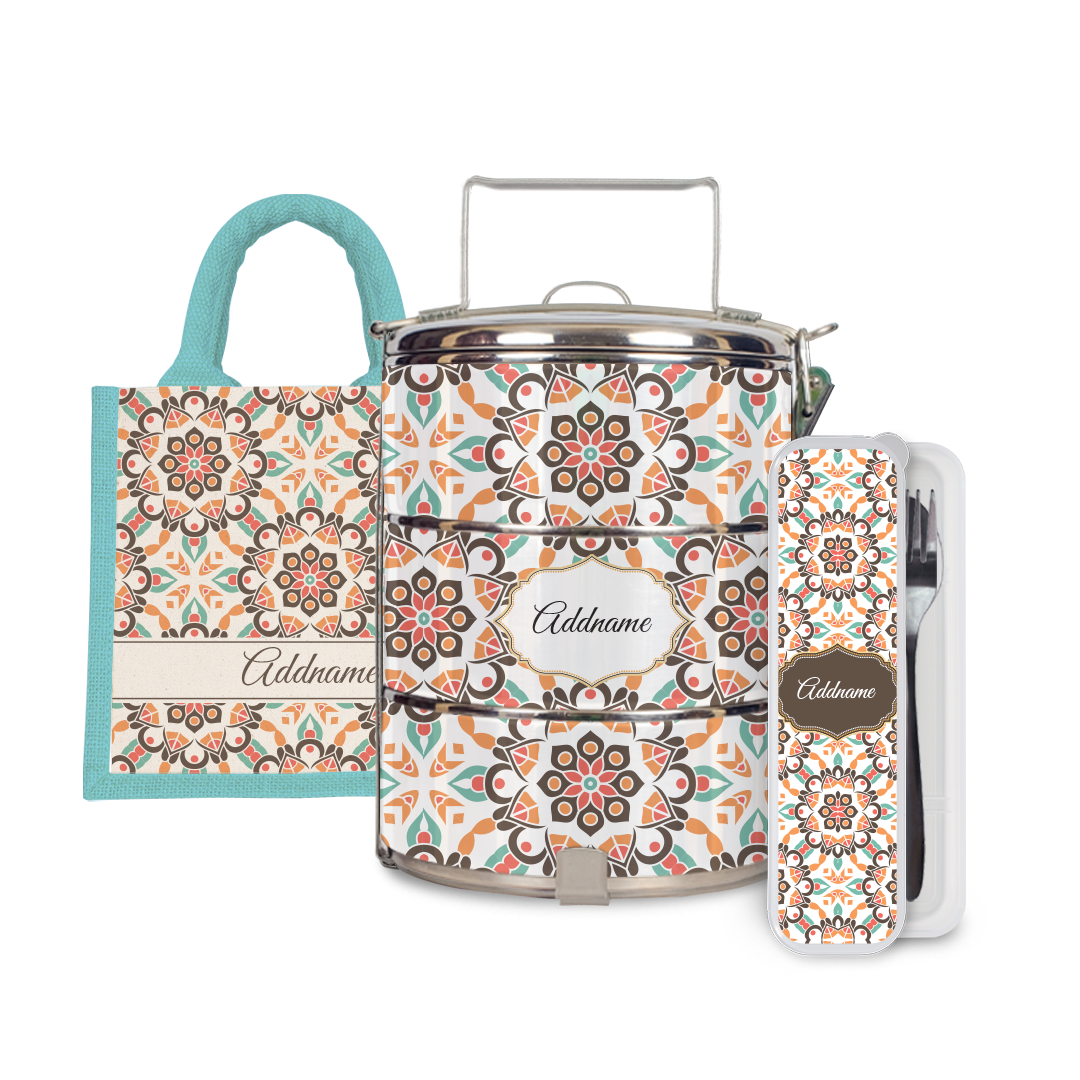 Moroccan Series - Arabesque Geo Brown Half Lining Lunch Bag, Tiffin Carrier and Cutlery Set