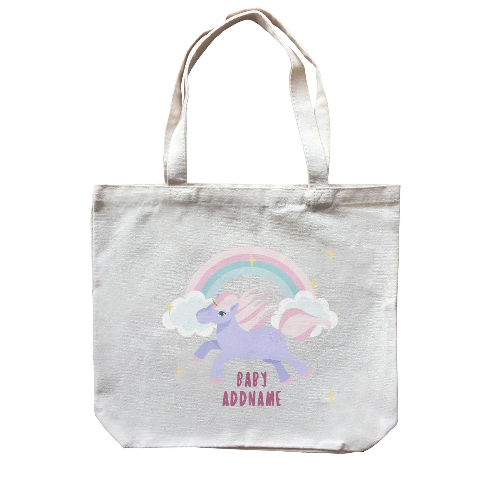 Purple Unicorn Galloping with Rainbow and Baby Addname Canvas Bag