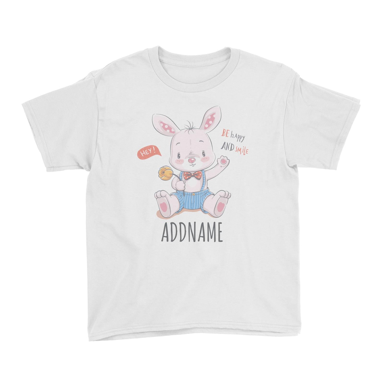 Be Happy and Smile Rabbit White Kid's T-Shirt Personalizable Designs Cute Sweet Animal HG