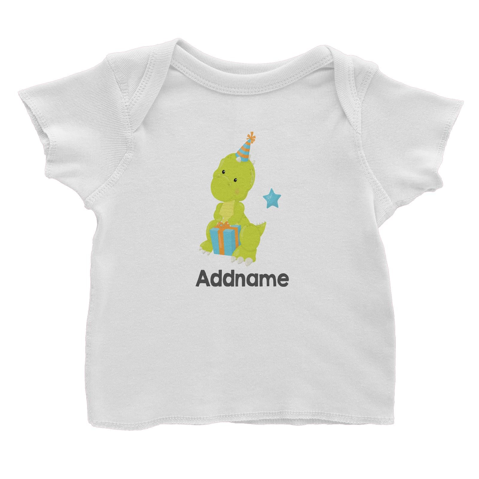 Dino Birthday Green Rex With Birthday Gift and Hat Addname Baby T-Shirt