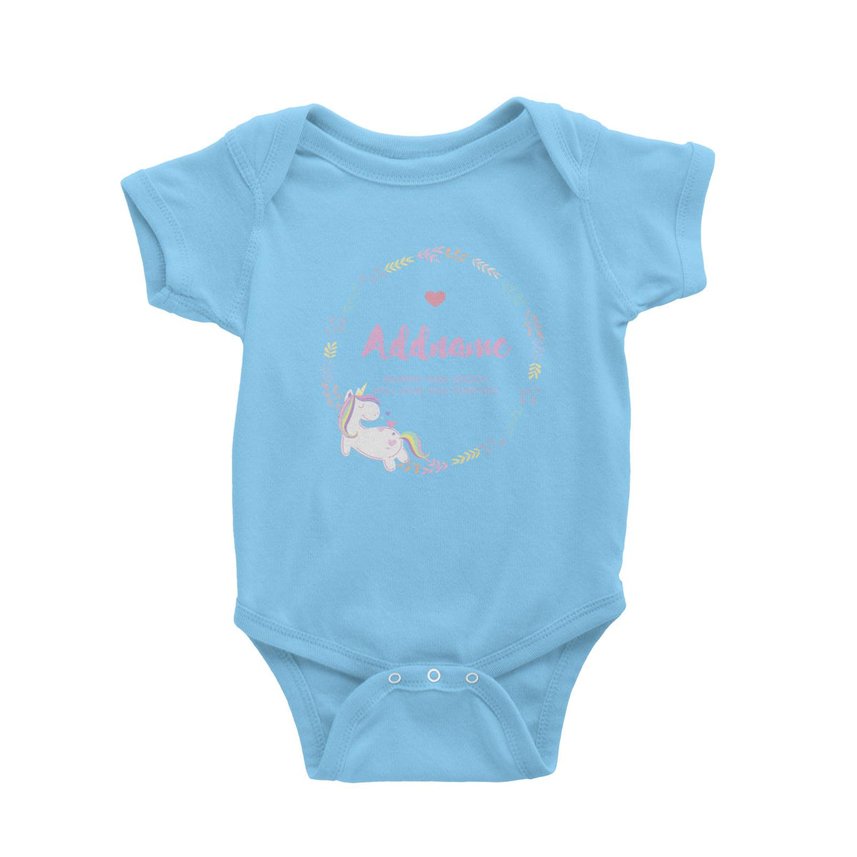 Pastel Colours Leaf Wreath with Unicorn Personalizable with Name and Text Baby Romper