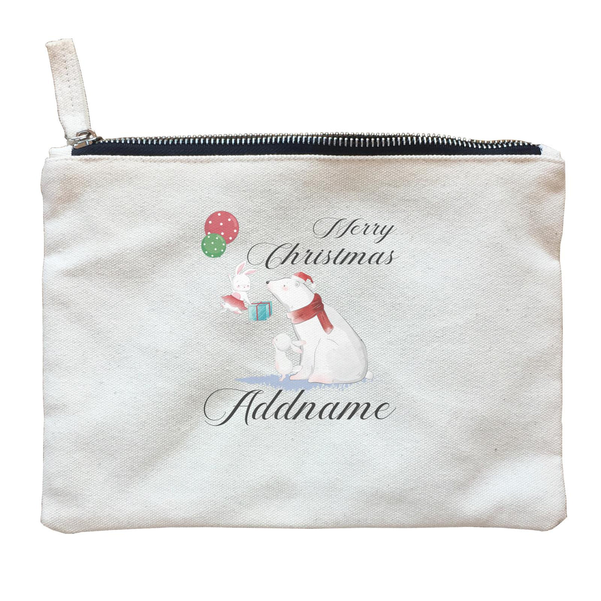 Christmas Cute Rabbits And Polar Bear With Present Merry Christmas Addname Zipper Pouch