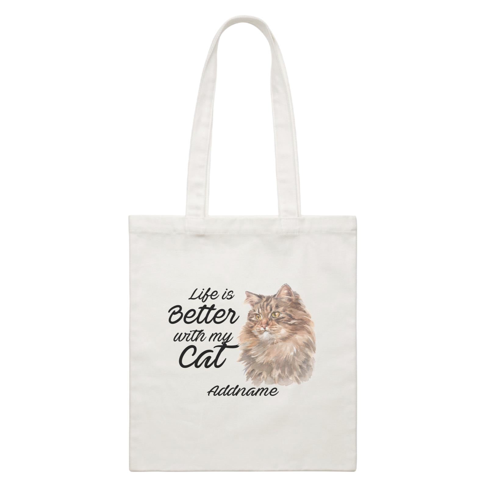 Watercolor Life is Better With My Cat Siberian Cat Brown Addname White Canvas Bag