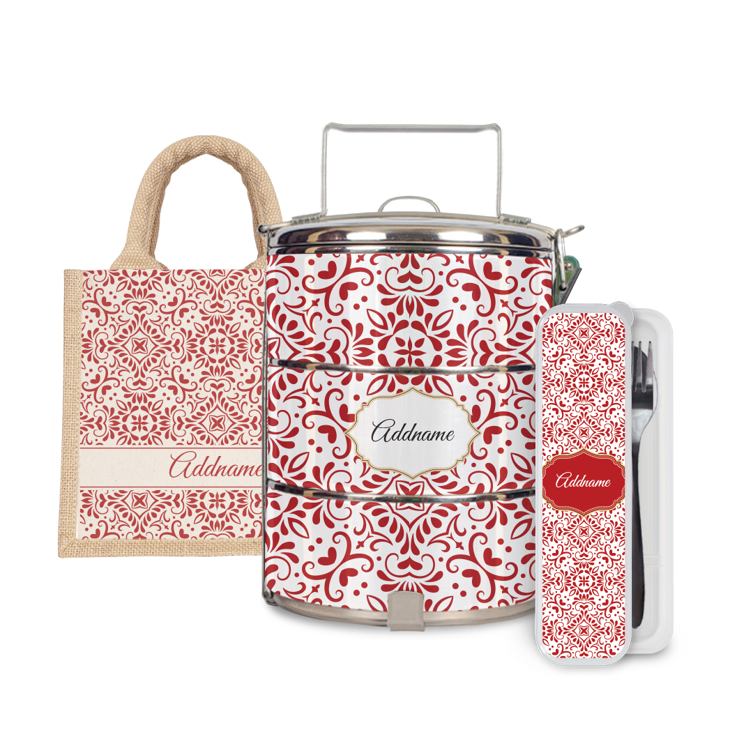 Moroccan Series - Arabesque Rosette Half Lining Lunch Bag, Tiffin Carrier and Cutlery Set