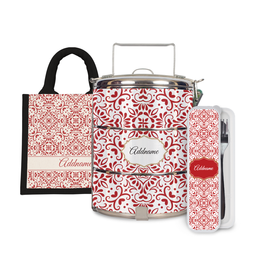 Moroccan Series - Arabesque Rosette Half Lining Lunch Bag, Tiffin Carrier and Cutlery Set