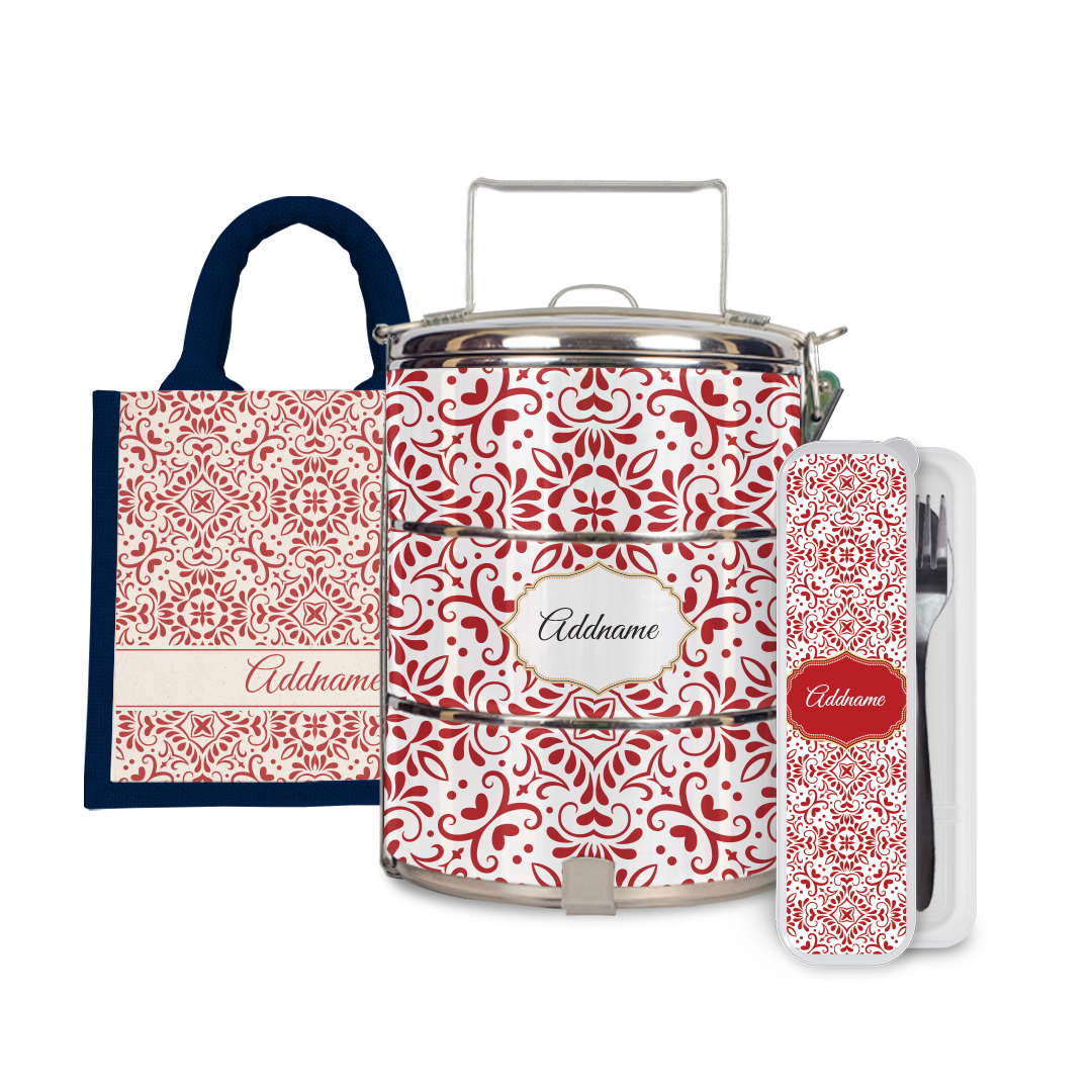 Moroccan Series - Arabesque Rosette Half Lining Lunch Bag, Tiffin Carrier and Cutlery Set