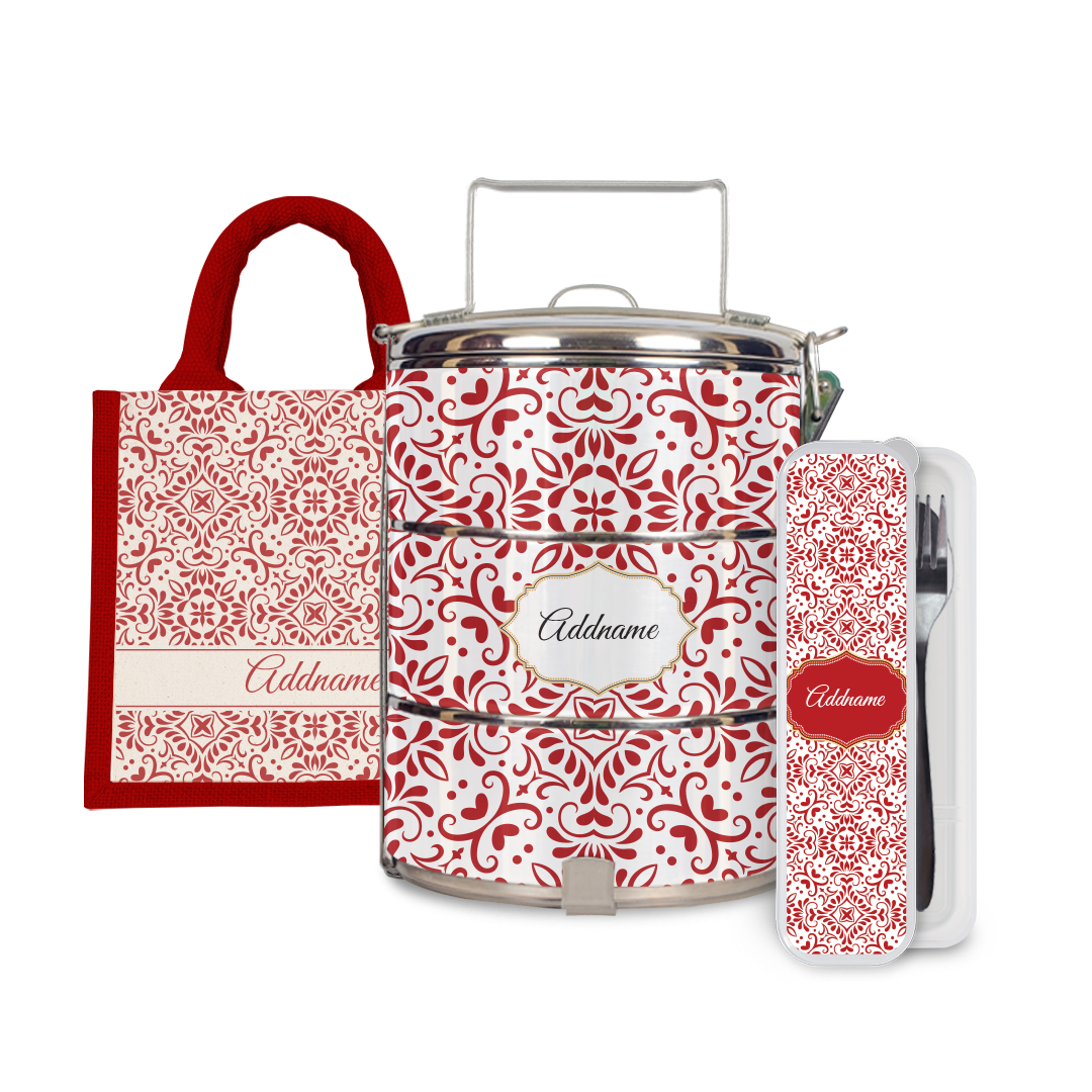 Moroccan Series - Arabesque Rosette Half Lining Lunch Bag, Tiffin Carrier and Cutlery Set