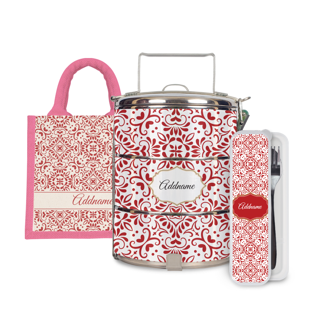 Moroccan Series - Arabesque Rosette Half Lining Lunch Bag, Tiffin Carrier and Cutlery Set
