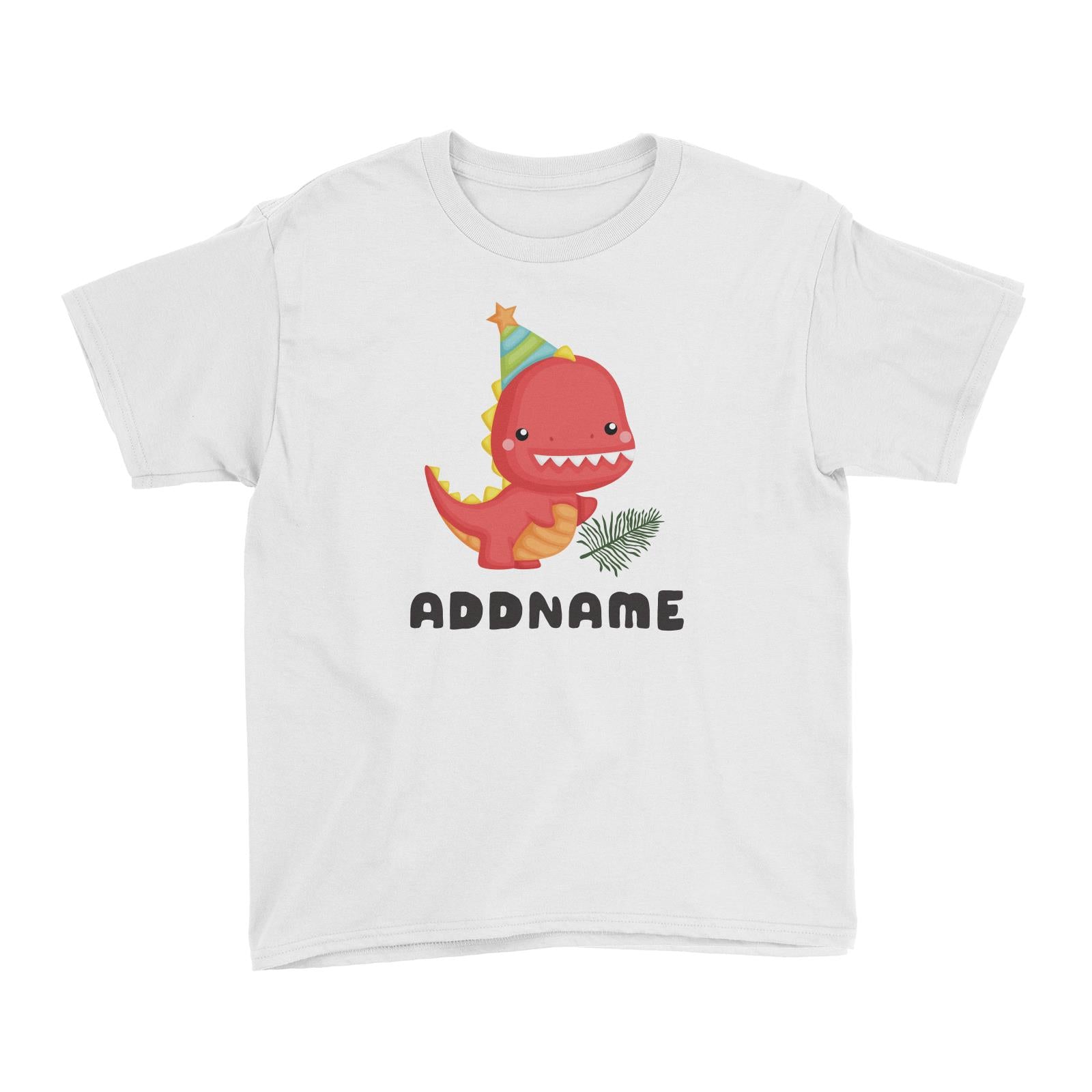 Birthday Dinosaur Happy Red Rex Wearing Party Hat Addname Kid's T-Shirt