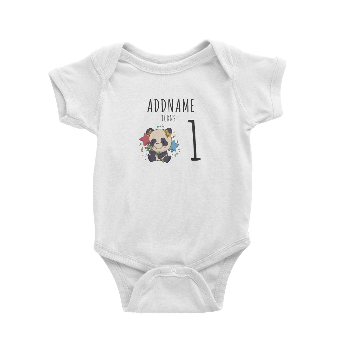 Birthday Sketch Animals Panda with Party Hat Holding Bamboo Addname Turns 1 Baby Romper
