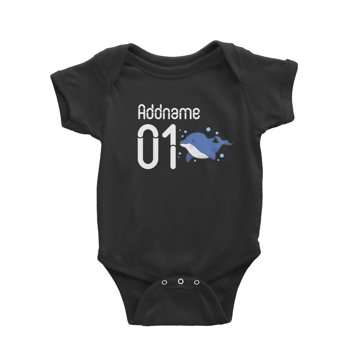 Name and Number Cute Hand Drawn Style Dolphin Baby Romper