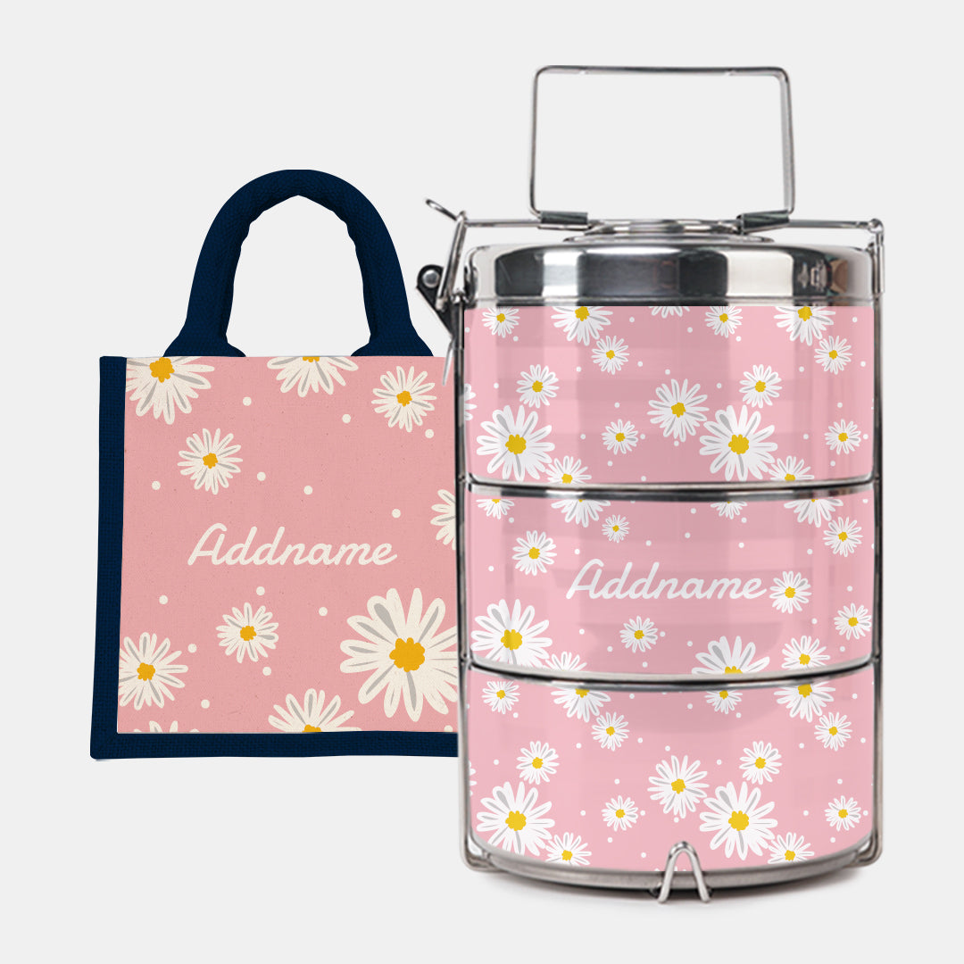 Daisy Series Half Lining Lunch Bag Wtih Premium Tiffin Carrier - Blush Navy