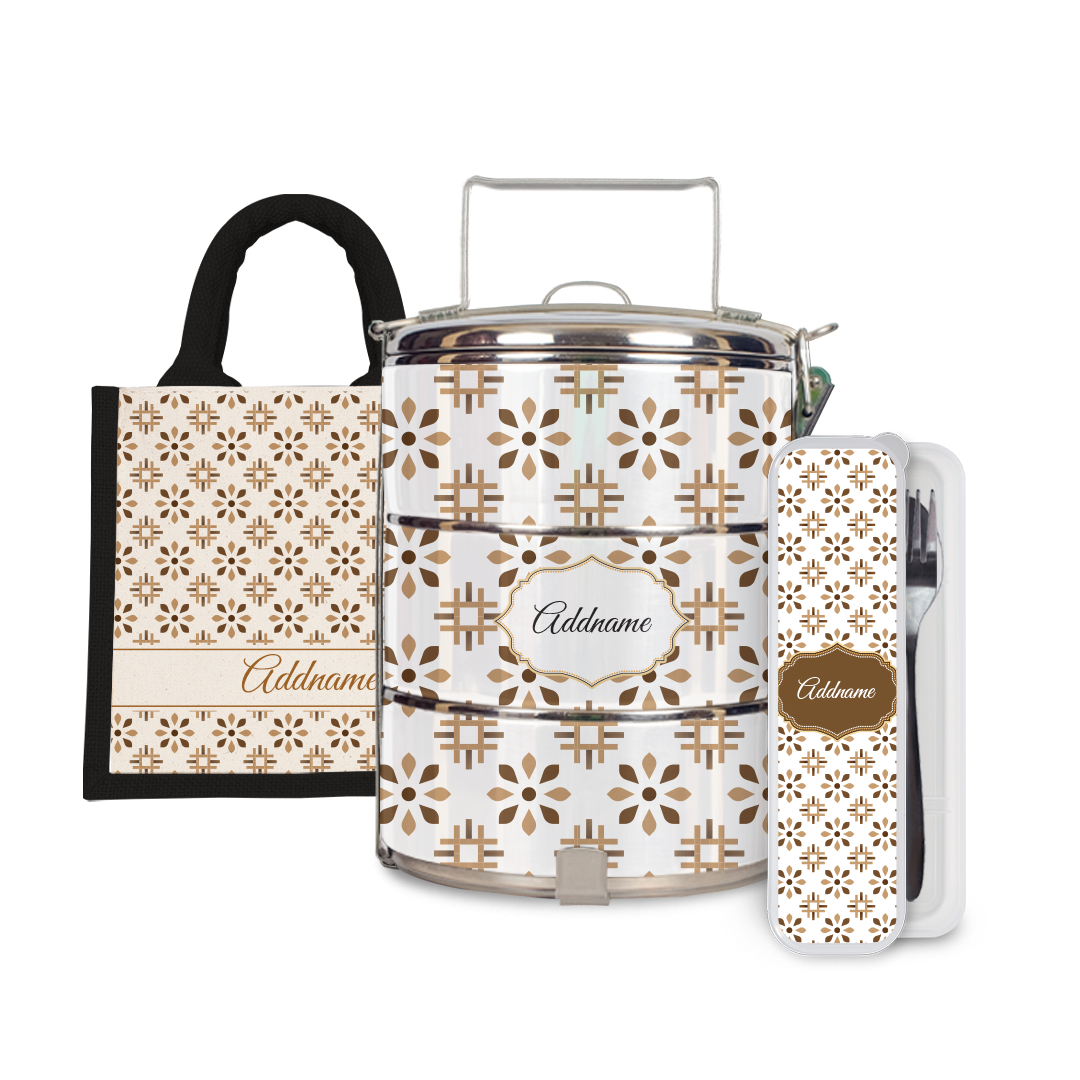 Moroccan Series - Arabesque Tawny Brown Half Lining Lunch Bag, Tiffin Carrier and Cutlery Set