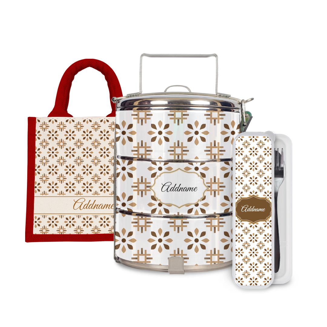Moroccan Series - Arabesque Tawny Brown Half Lining Lunch Bag, Tiffin Carrier and Cutlery Set