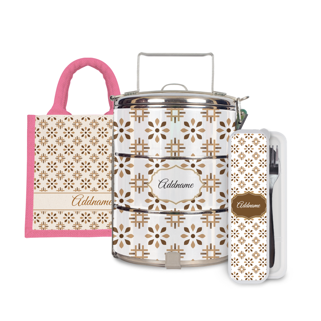 Moroccan Series - Arabesque Tawny Brown Half Lining Lunch Bag, Tiffin Carrier and Cutlery Set