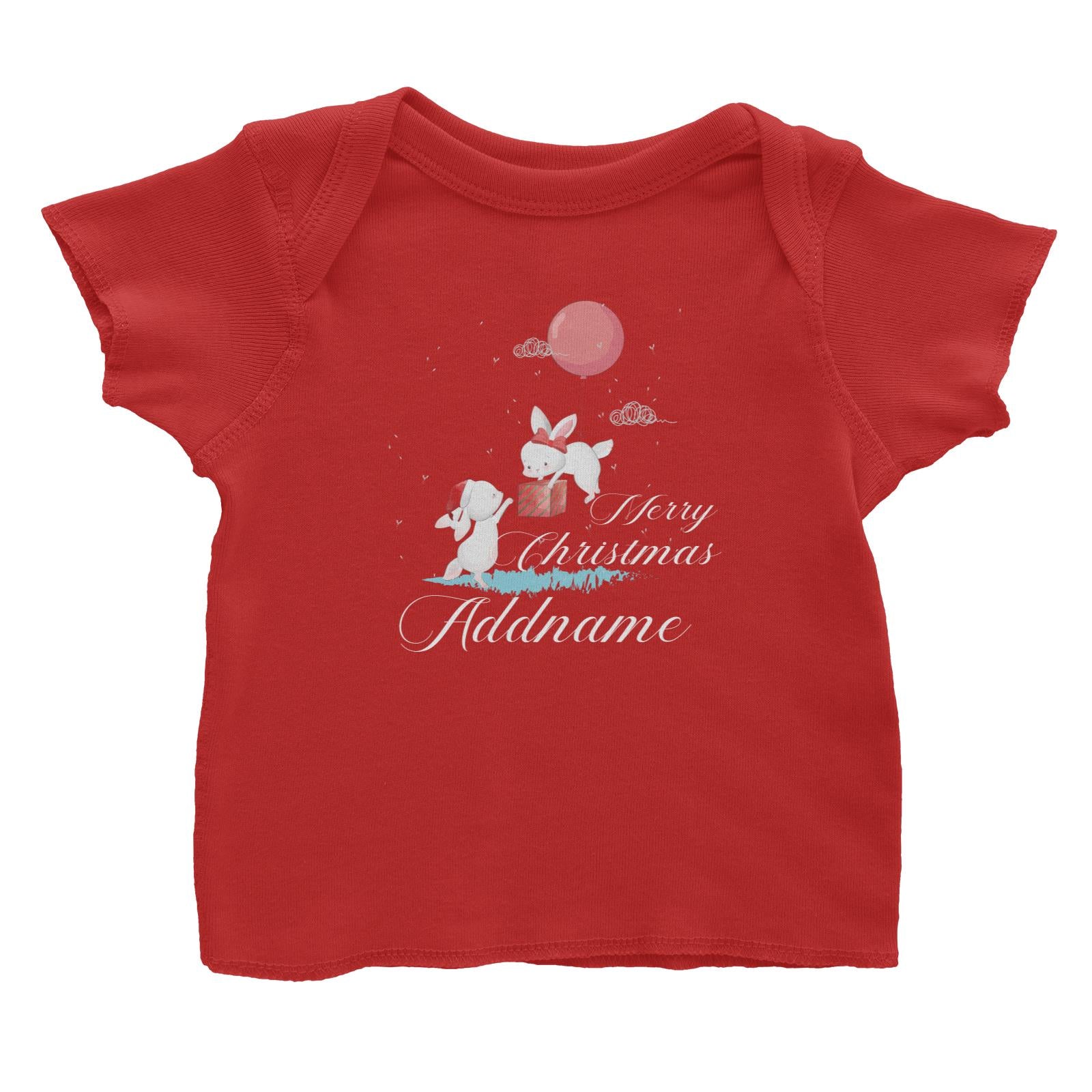 Christmas Cute Rabbits With Balloon Merry Christmas Addname Baby T-Shirt