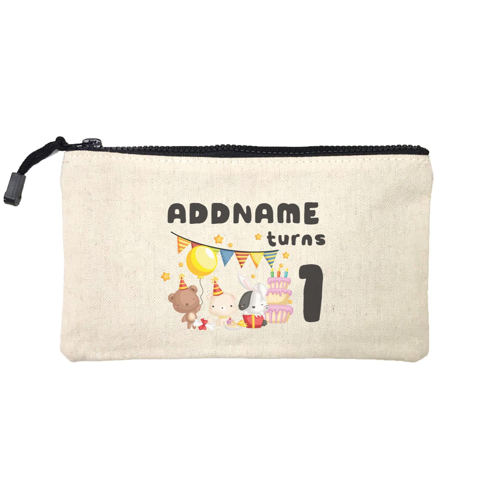 Birthday Friendly Animals Rabbit Bear And Dog Party Addname Turns 1 Mini Accessories Stationery Pouch