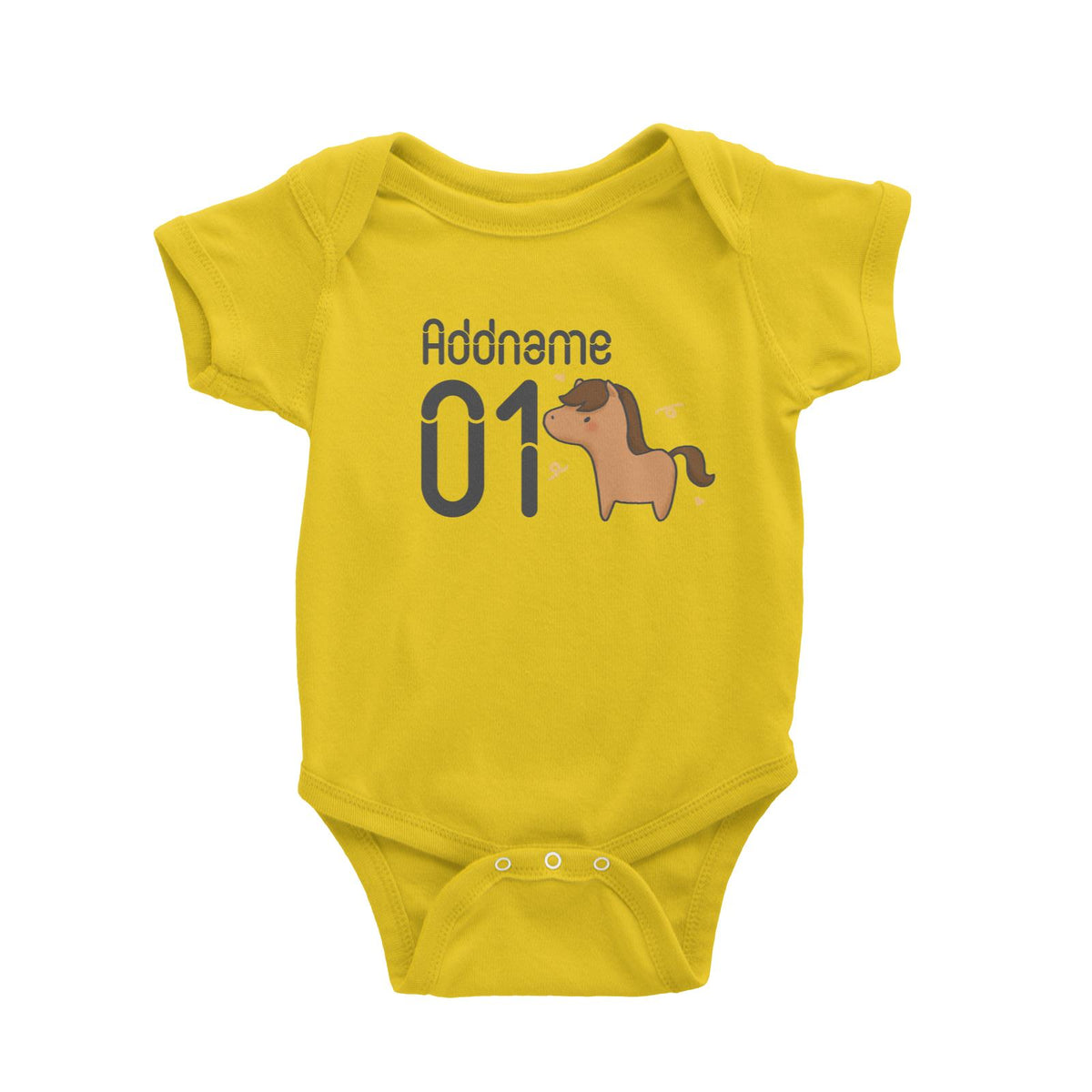 Name and Number Cute Hand Drawn Style Horse Baby Romper