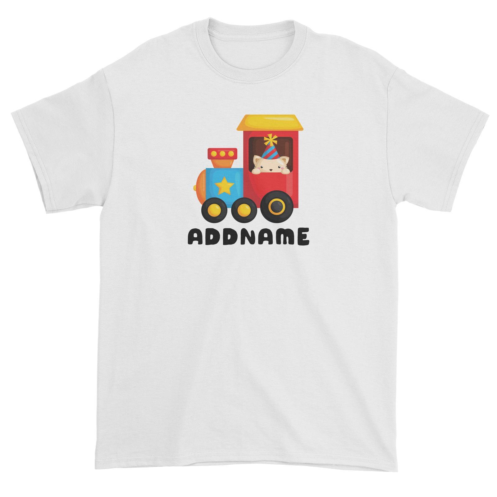 Birthday Fun Train Cat Wearing Party Hat Addname Unisex T-Shirt
