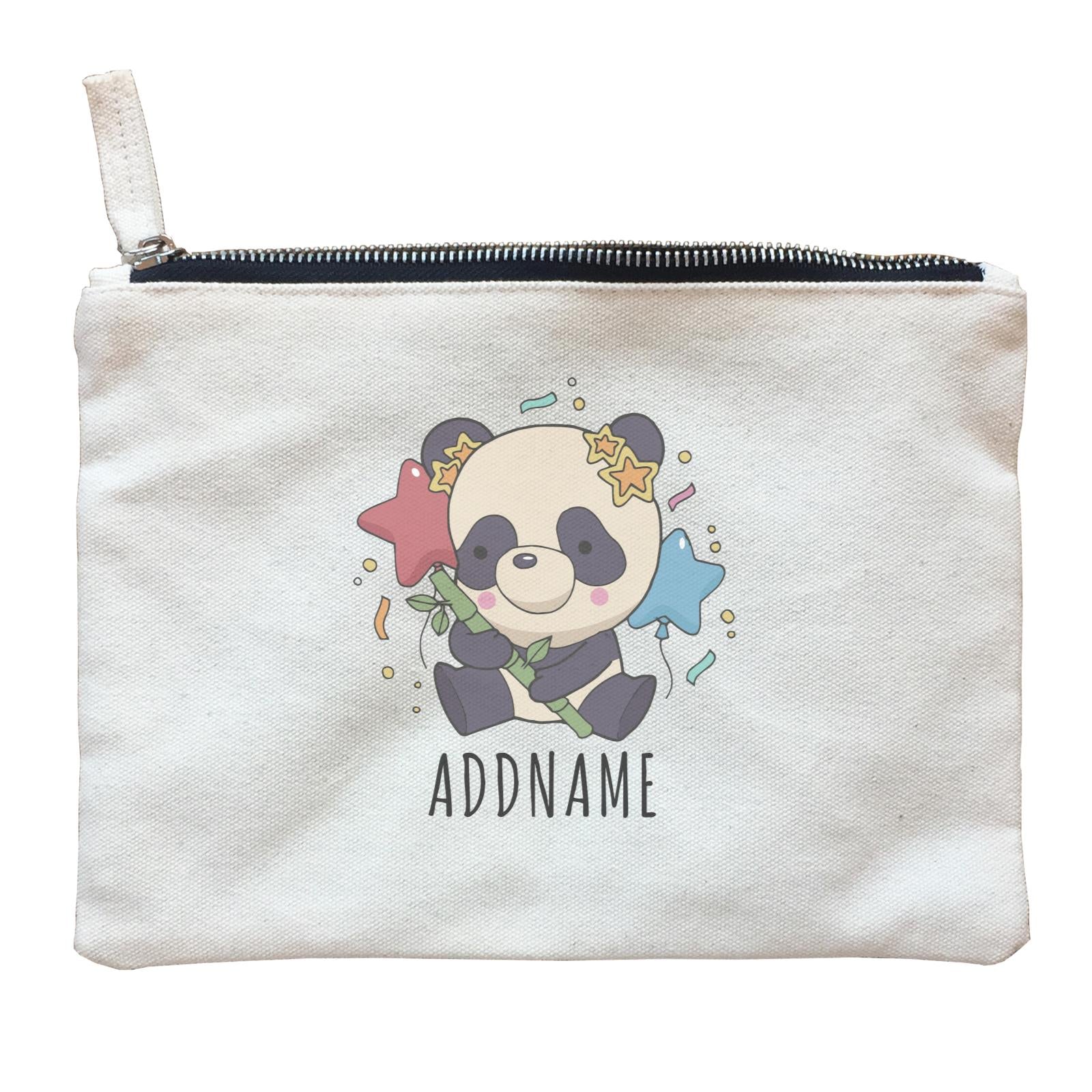 Birthday Sketch Animals Panda with Party Hat Holding Bamboo Addname Zipper Pouch